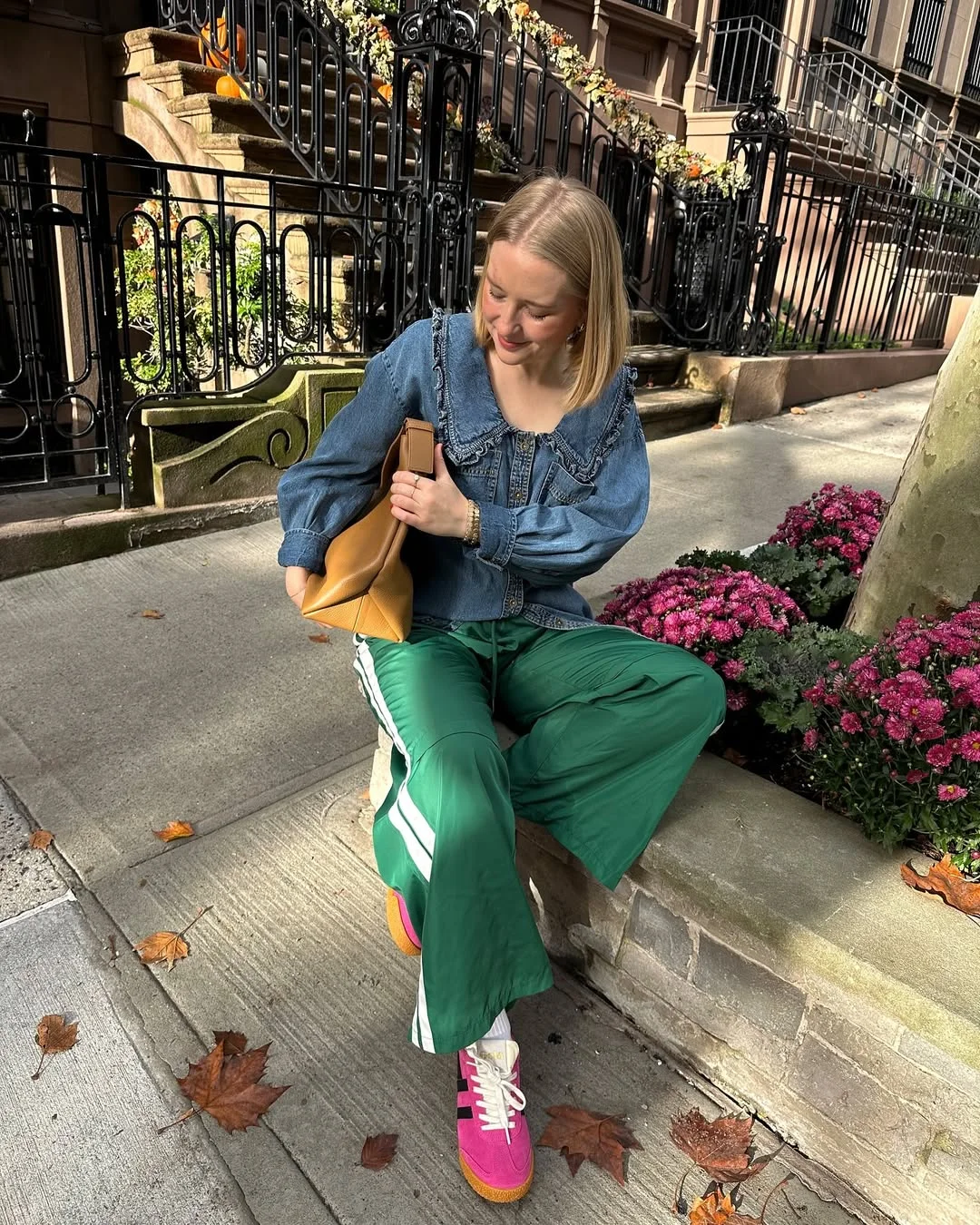 nyc fall outfits street style casual 2026 + Denim Blouse And Green Track Pants Weekend Mix