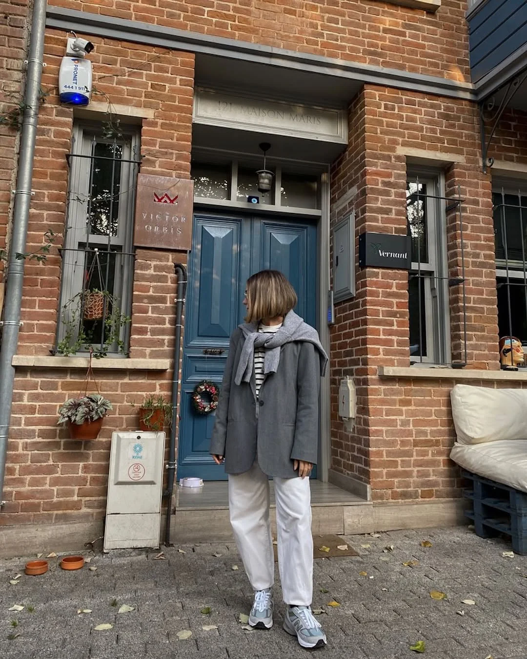 nyc fall outfits street style casual 2026 + Gray Coat, Stripes, And White Denim Ease