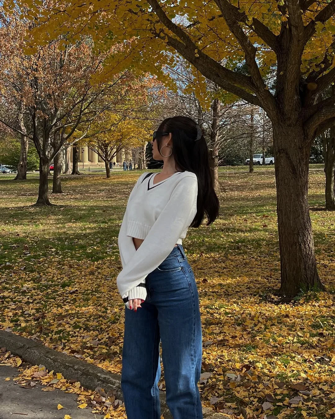 nyc fall outfits street style casual 2026 + Cropped V-Neck Sweater And Wide-Leg Denim