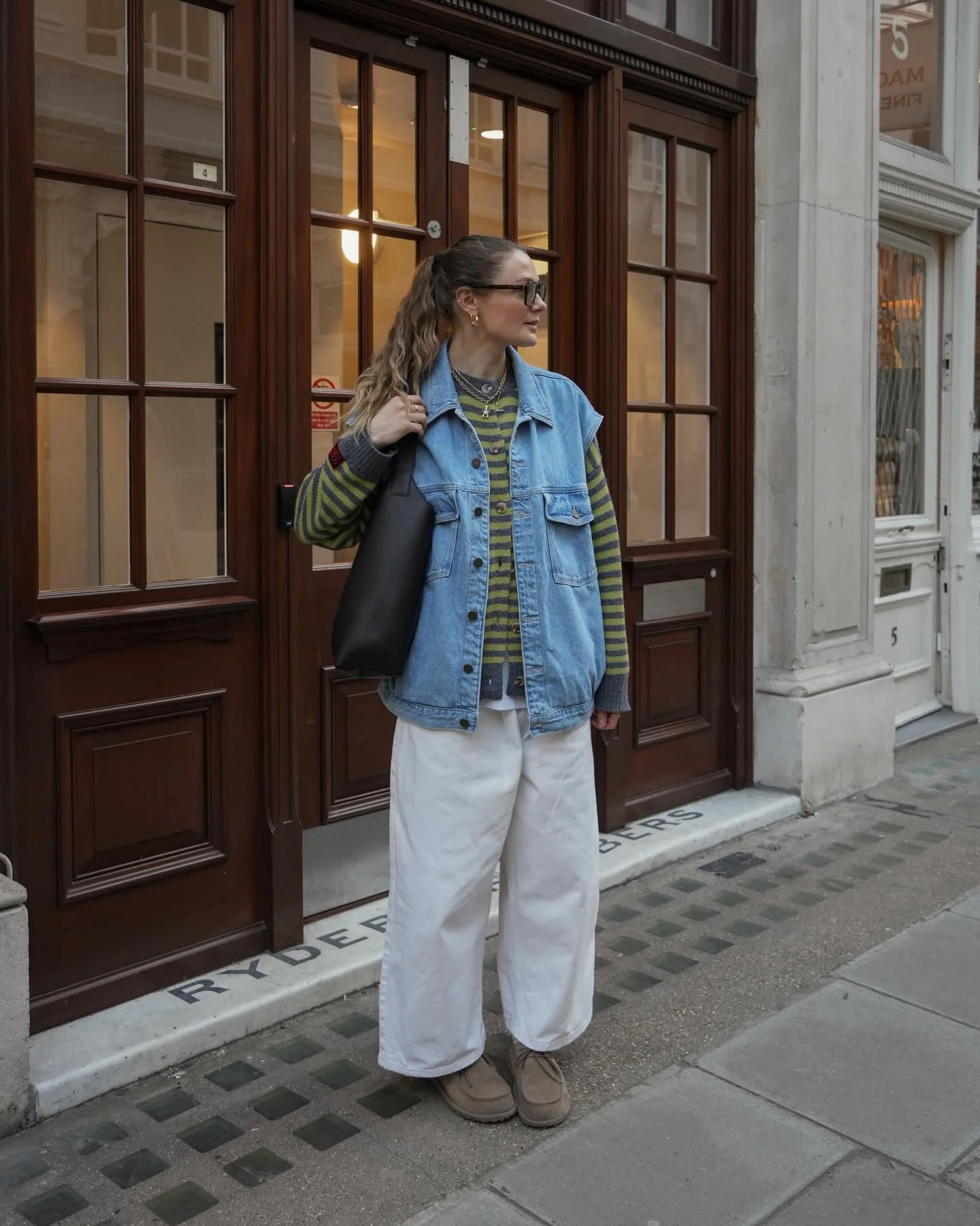 fall going out outfits 2026 + Denim Layers and White Trousers for an Easy Early-Fall Dinner