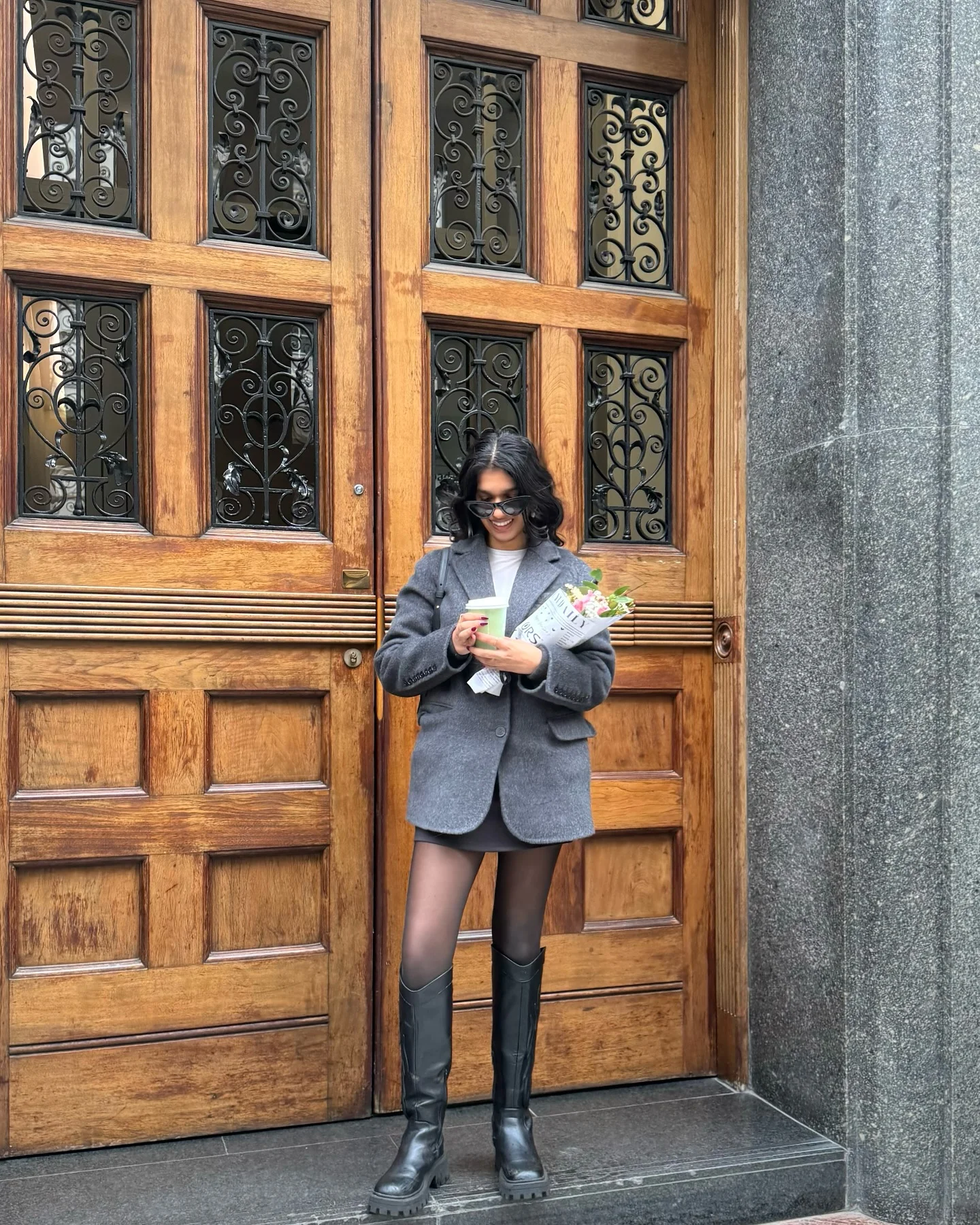 fall going out outfits 2026 + Gray Blazer, Mini Skirt, and Tall Boots for a Downtown Fall Date