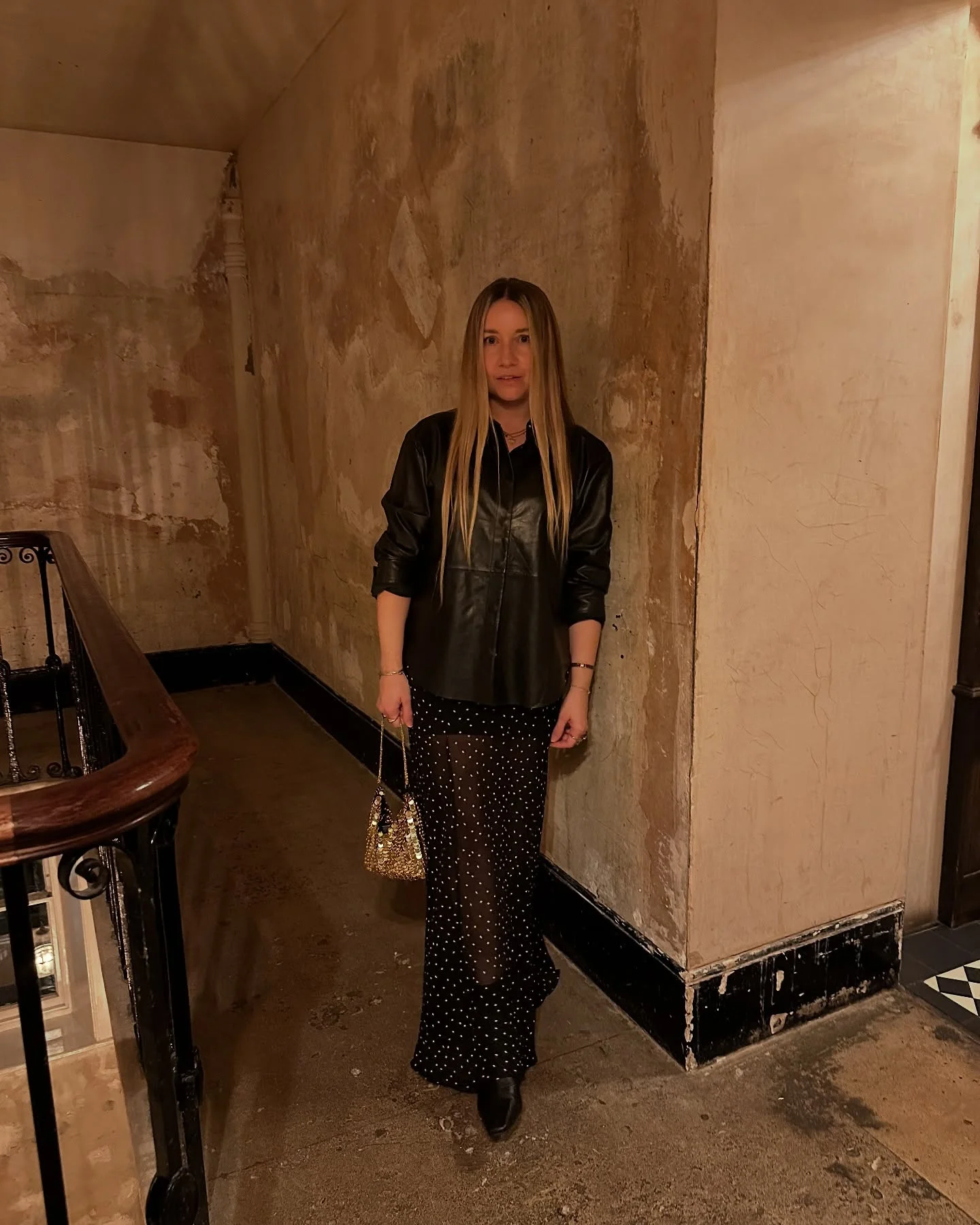 fall going out outfits 2026 + A Leather Shirt and Sheer Polka-Dot Skirt for Evening Plans