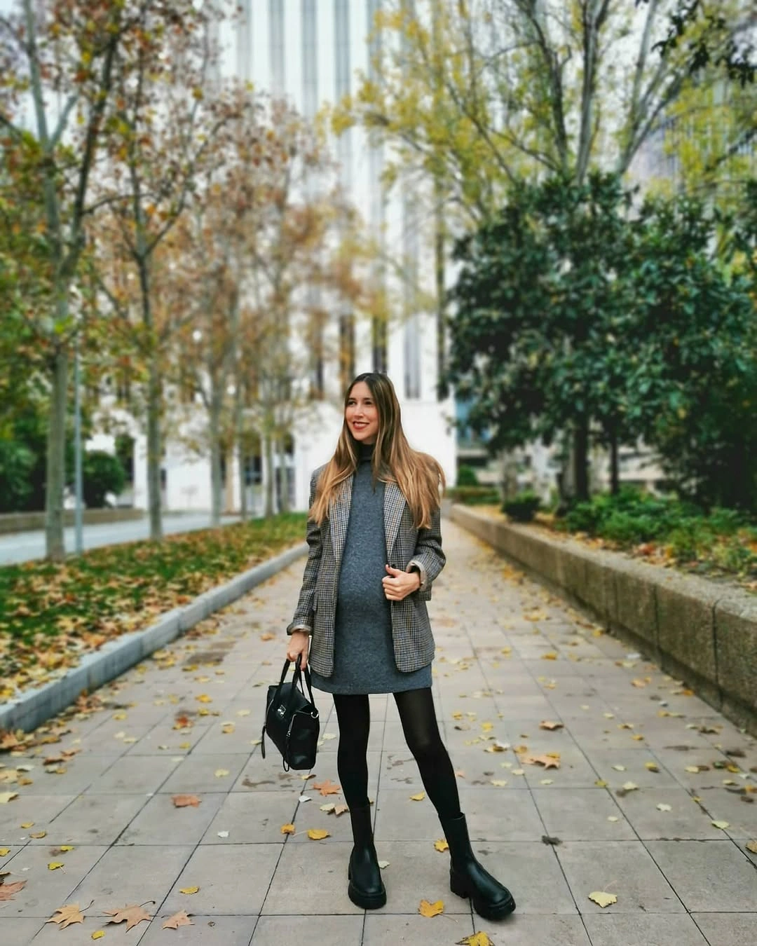 fall mom outfits 2026 A Plaid Blazer and Knit Dress for a Cooler City Morning