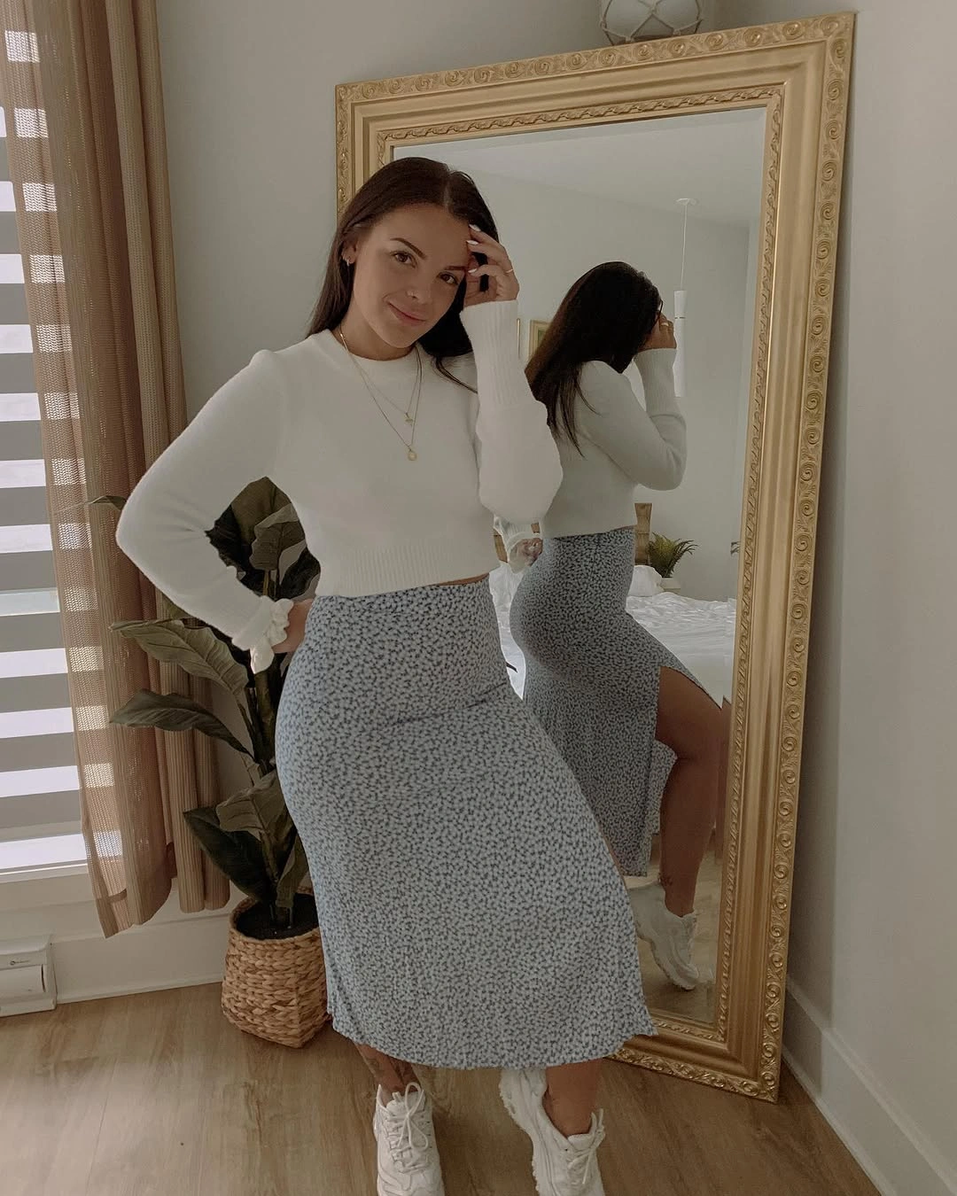 fall mom outfits 2026 A Soft Knit and Floral Midi for Lingering Warm Days