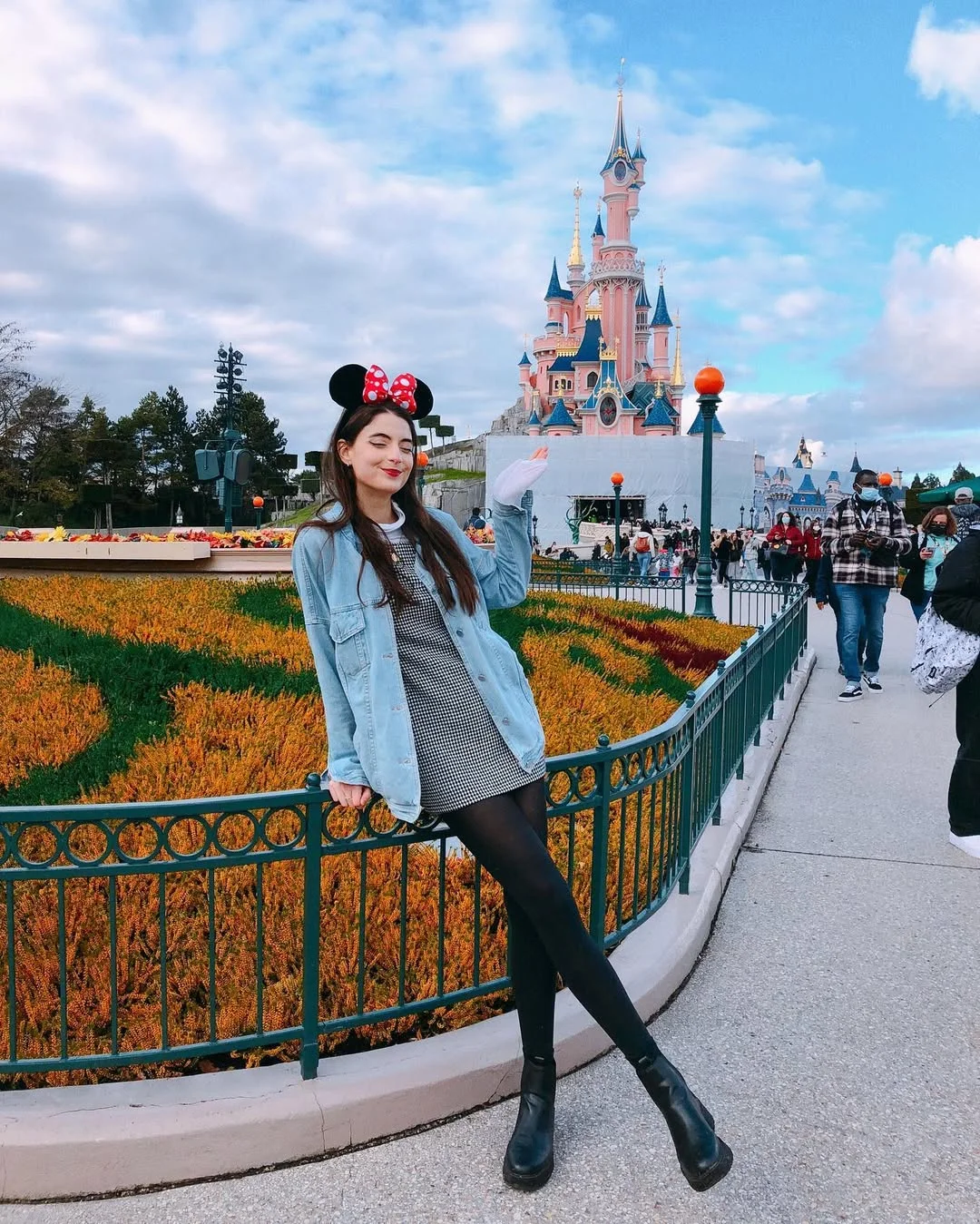fall outfits for college students casual 2026 Denim Jacket And Mini Dress With Playful Theme-Park Energy