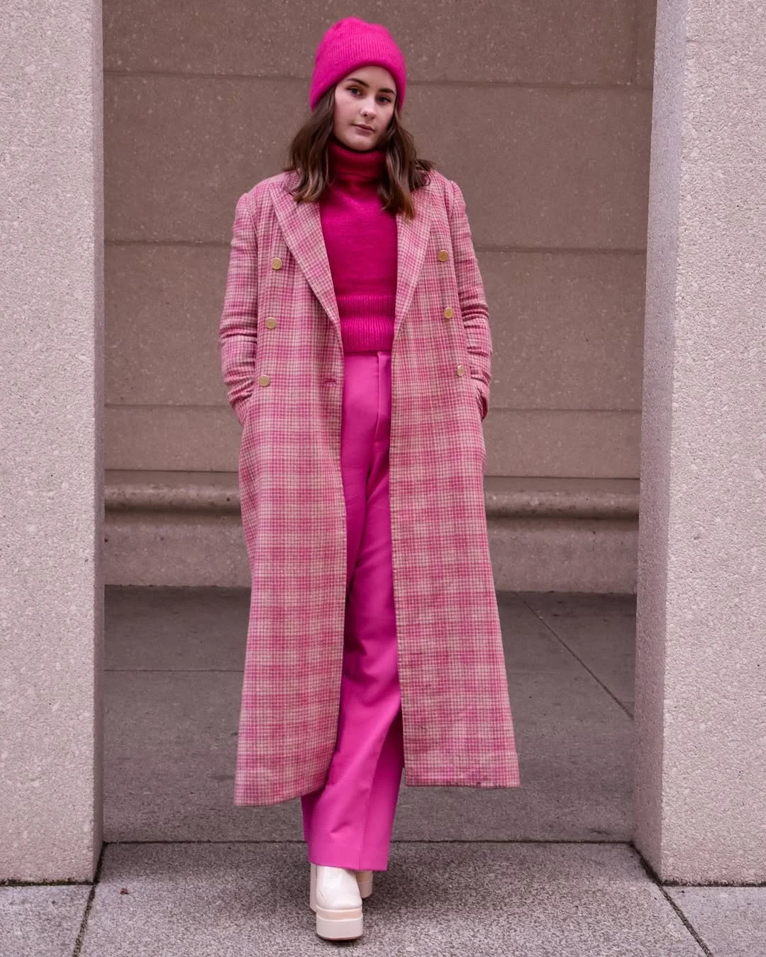 fall outfits for college students casual 2026 Head-To-Toe Pink Layers For A Bold Cold-Day Campus Look