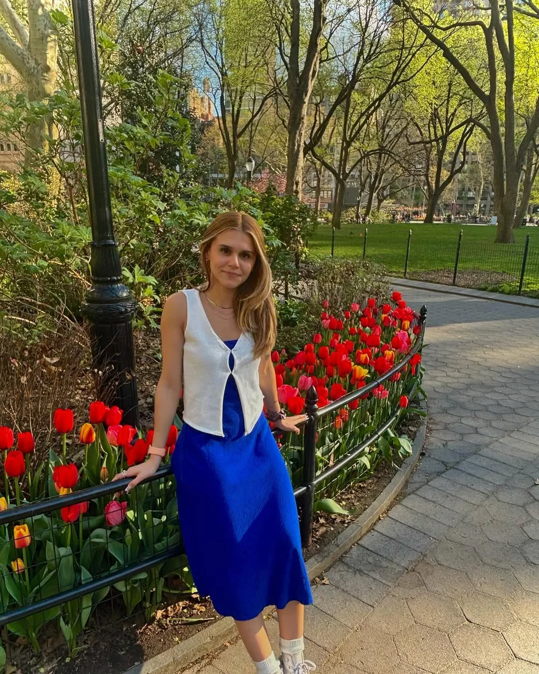 fall outfits for college students casual 2026 Cobalt Dress And White Vest For A Fresh Campus Afternoon