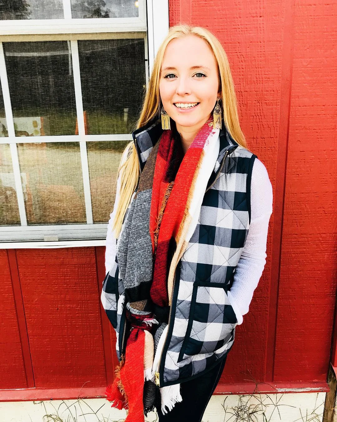 fall outfits for college students casual 2026 Checkered Vest And Red Scarf For Classic Fall Layers