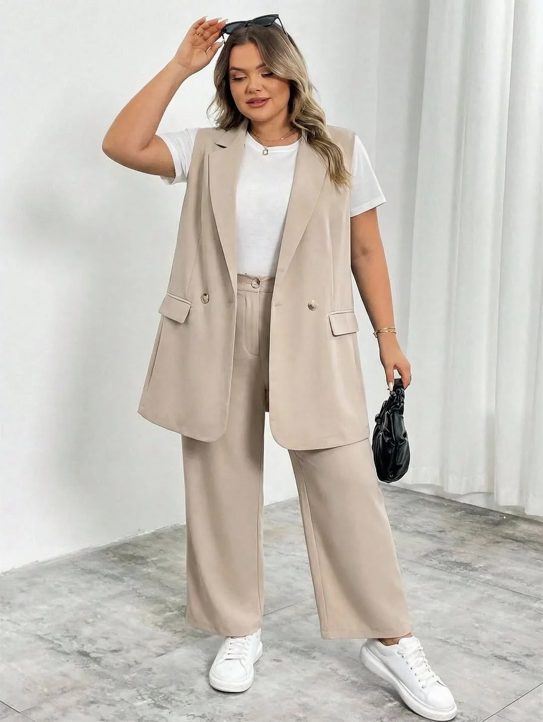 fall outfits for plus size women 2026 + Beige Vest Suit With Sneakers For Soft Business Casual