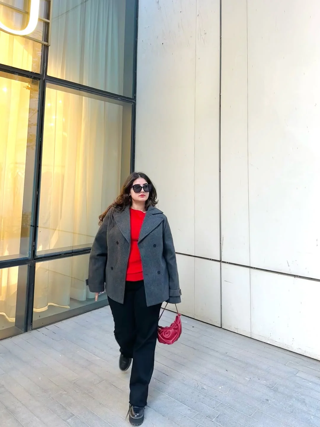 fall outfits for plus size women 2026 + Gray Coat And Red Knit For City Fall Confidence