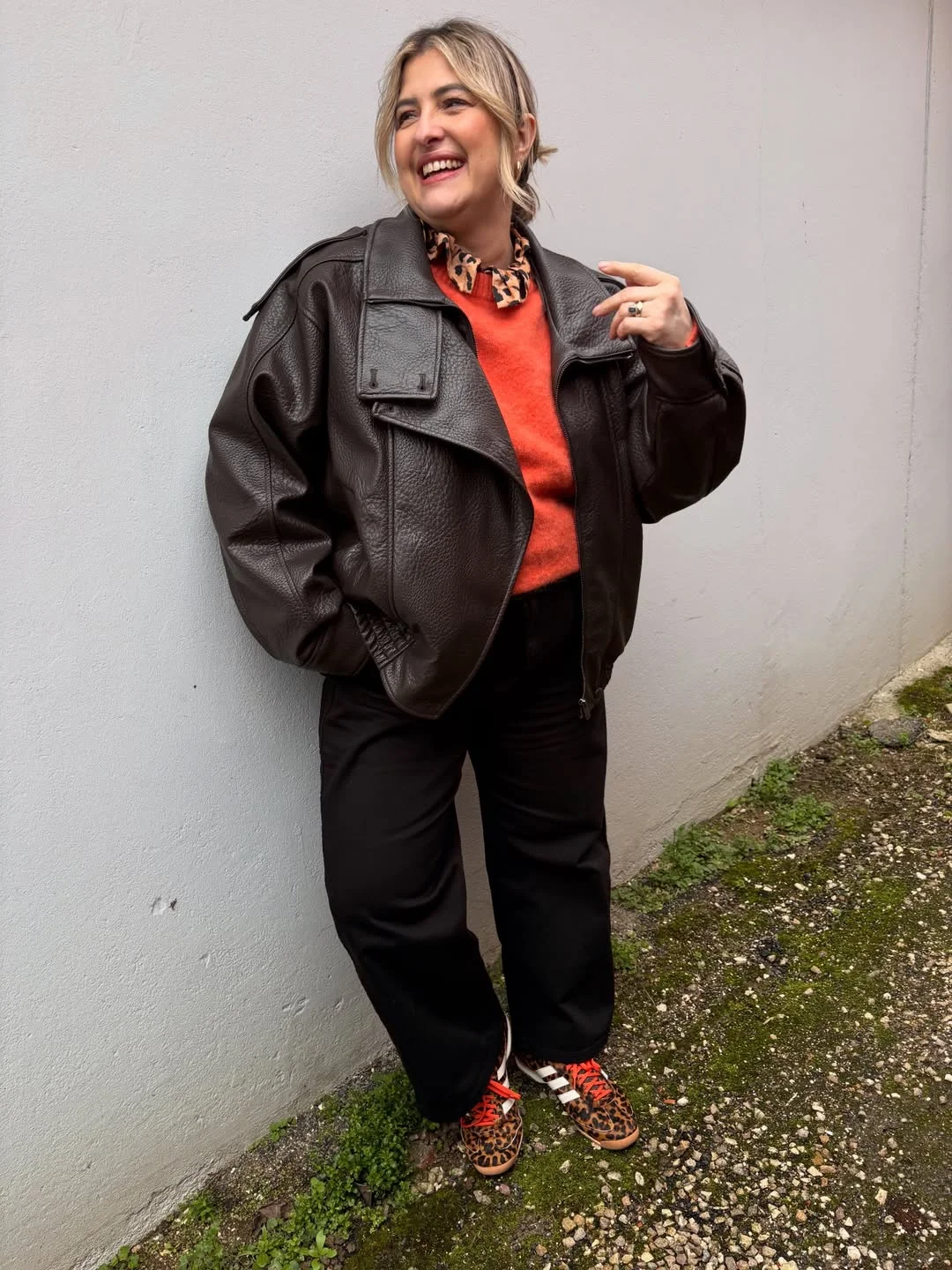fall outfits for plus size women 2026 + Leather Jacket And Leopard Sneakers For Bold Everyday Energy