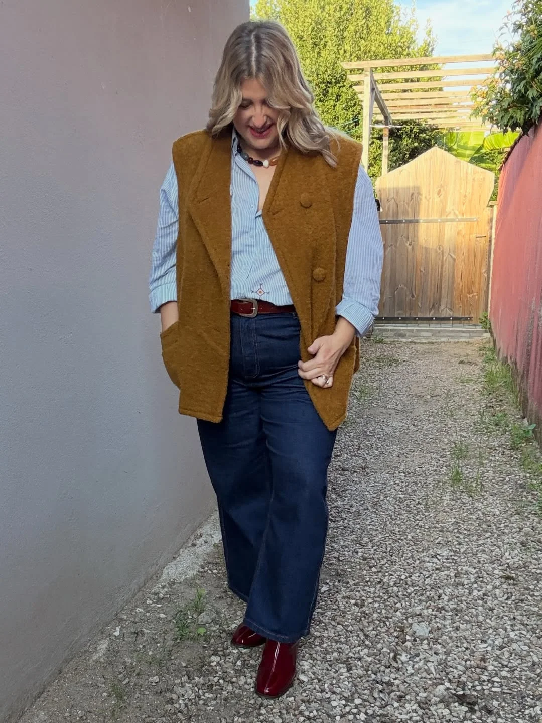 fall outfits for plus size women 2026 + Mustard Vest And Burgundy Boots For Vintage Fall Polish