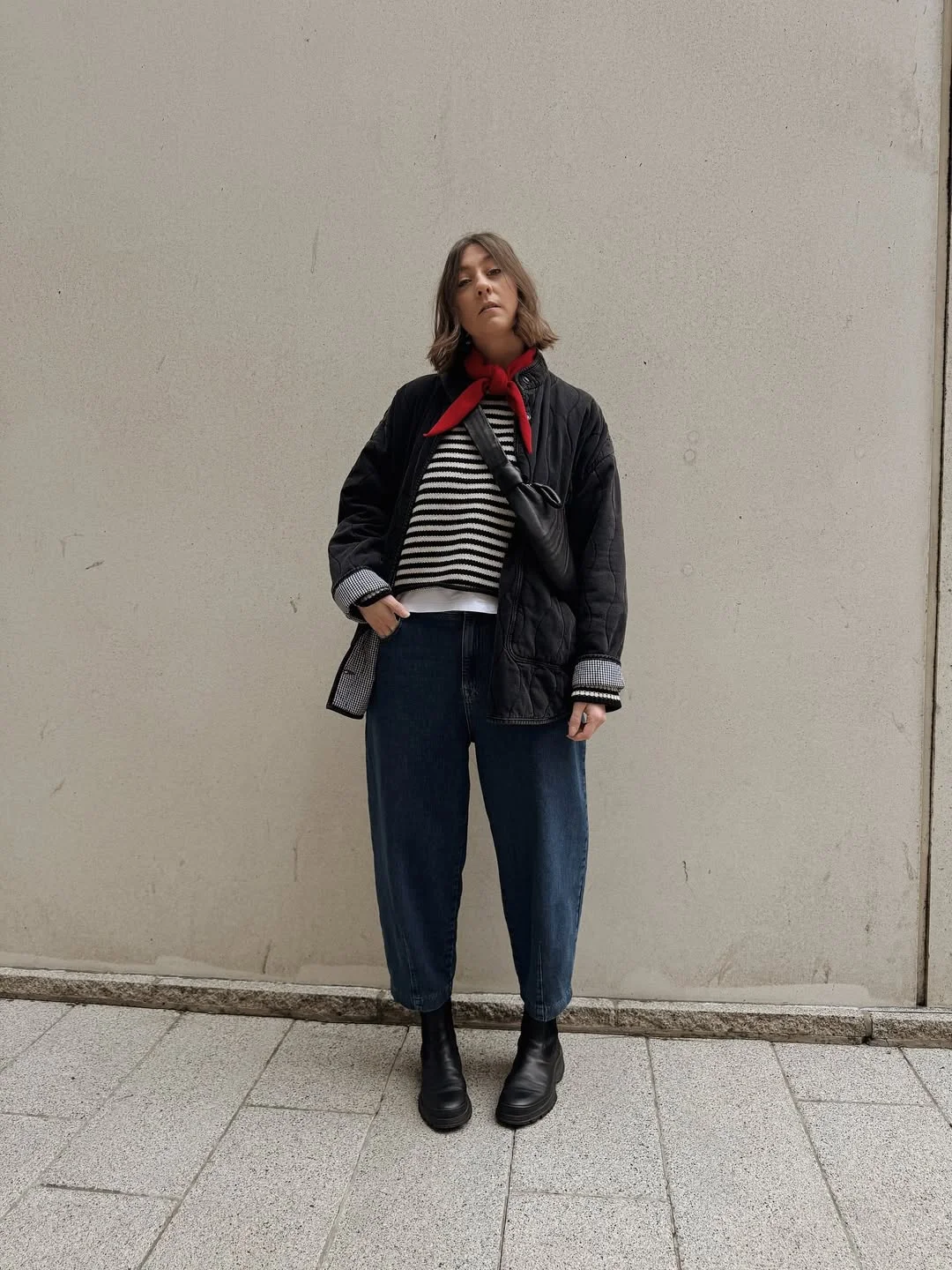 fall outfits for plus size women 2026 + Black Quilted Jacket And Red Scarf For Paris-Coded Fall Layers