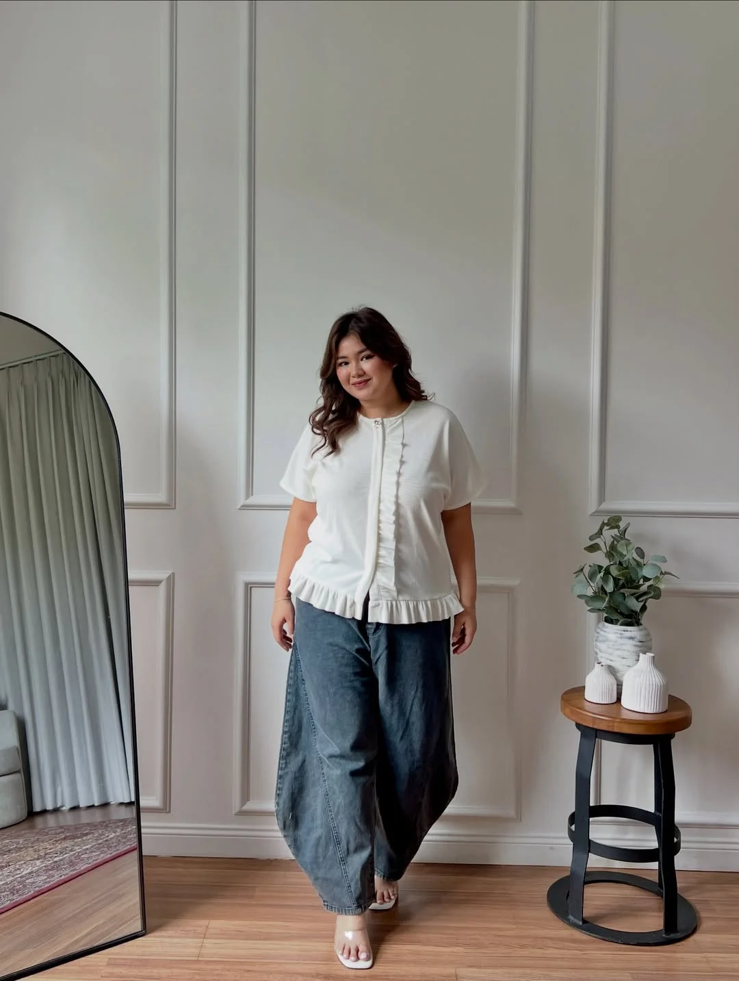 fall outfits for plus size women 2026 + Ruffled White Top With Barrel Jeans For A Soft Denim Moment