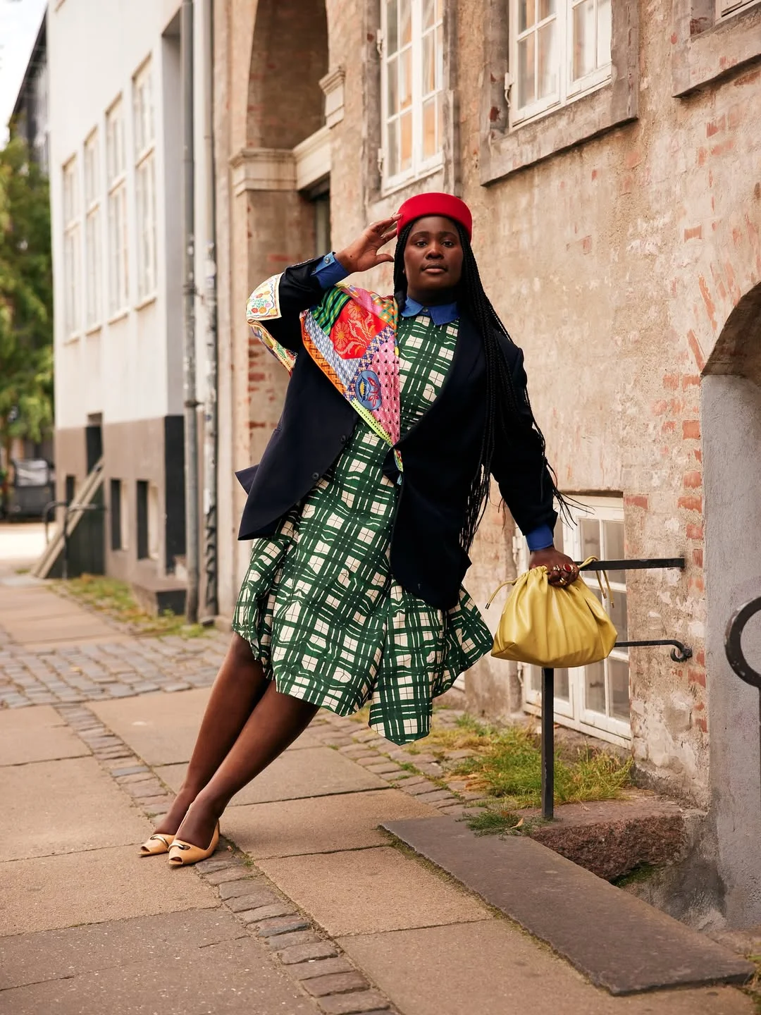 fall outfits for plus size women 2026 + Green Print Dress With A Blazer And Red Beret