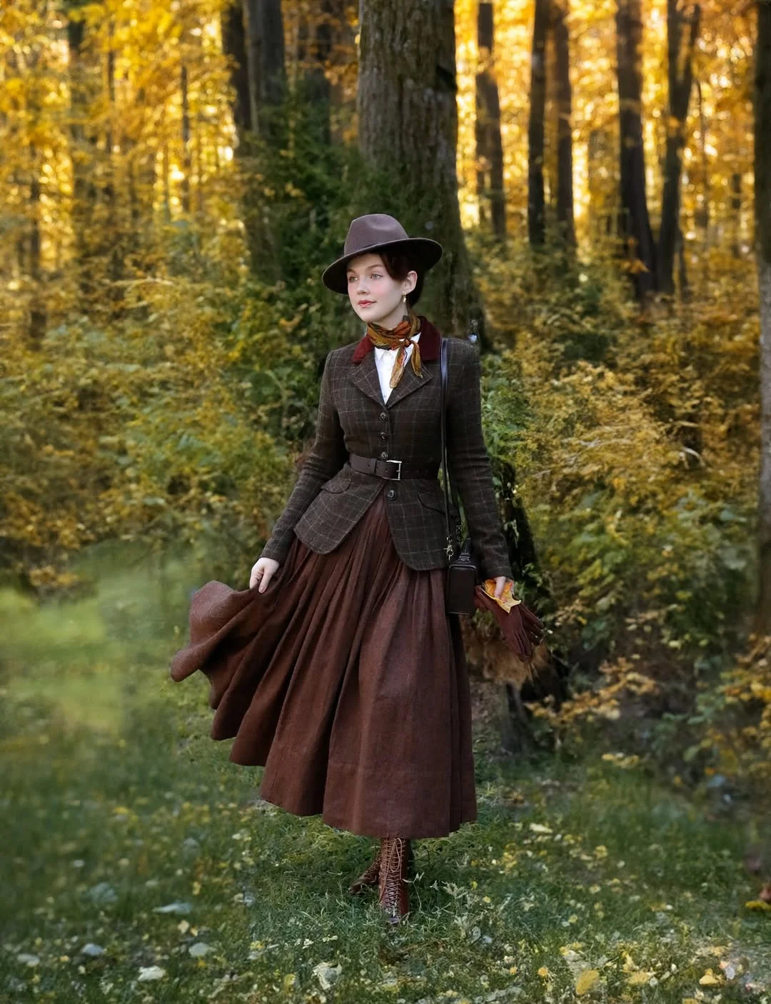 fall outfits for women in 30s style 2026 - Brown Tweed and a Full Midi Skirt for Golden Autumn Days