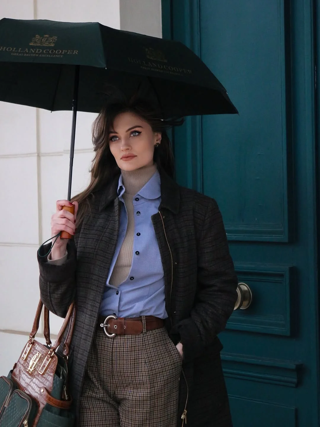 fall outfits for women in 30s style 2026 - Rainy-Day Layering with Checks, Denim Blue, and Warm Neutrals