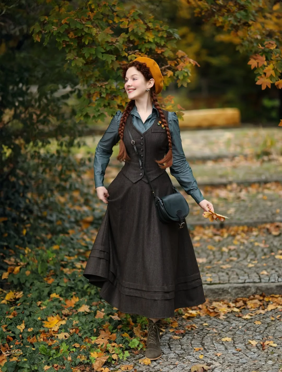 fall outfits for women in 30s style 2026 - Mustard Beret and Dark Brown Separates for a Cozy Autumn Walk