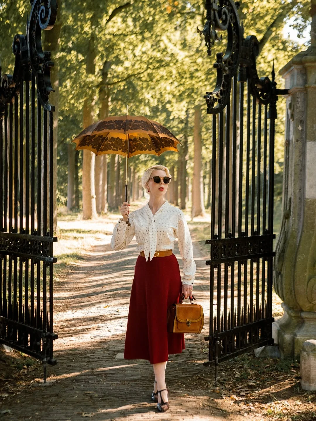 fall outfits for women in 30s style 2026 - Wine-Red Midi Skirt and Bow Blouse for a Polished Fall Afternoon
