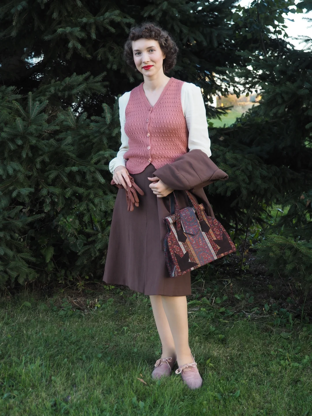 fall outfits for women in 30s style 2026 - Soft Rose Knitwear and a Chocolate Midi Skirt