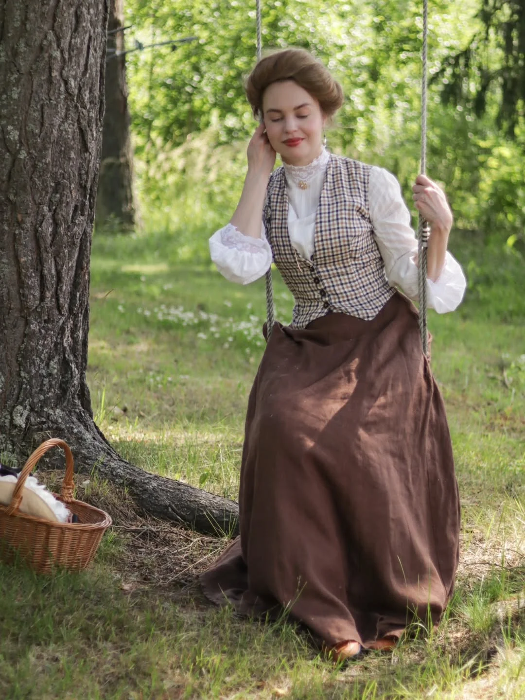 fall outfits for women in 30s style 2026 - Checked Waistcoat and a Chocolate Skirt for Soft Heritage Style