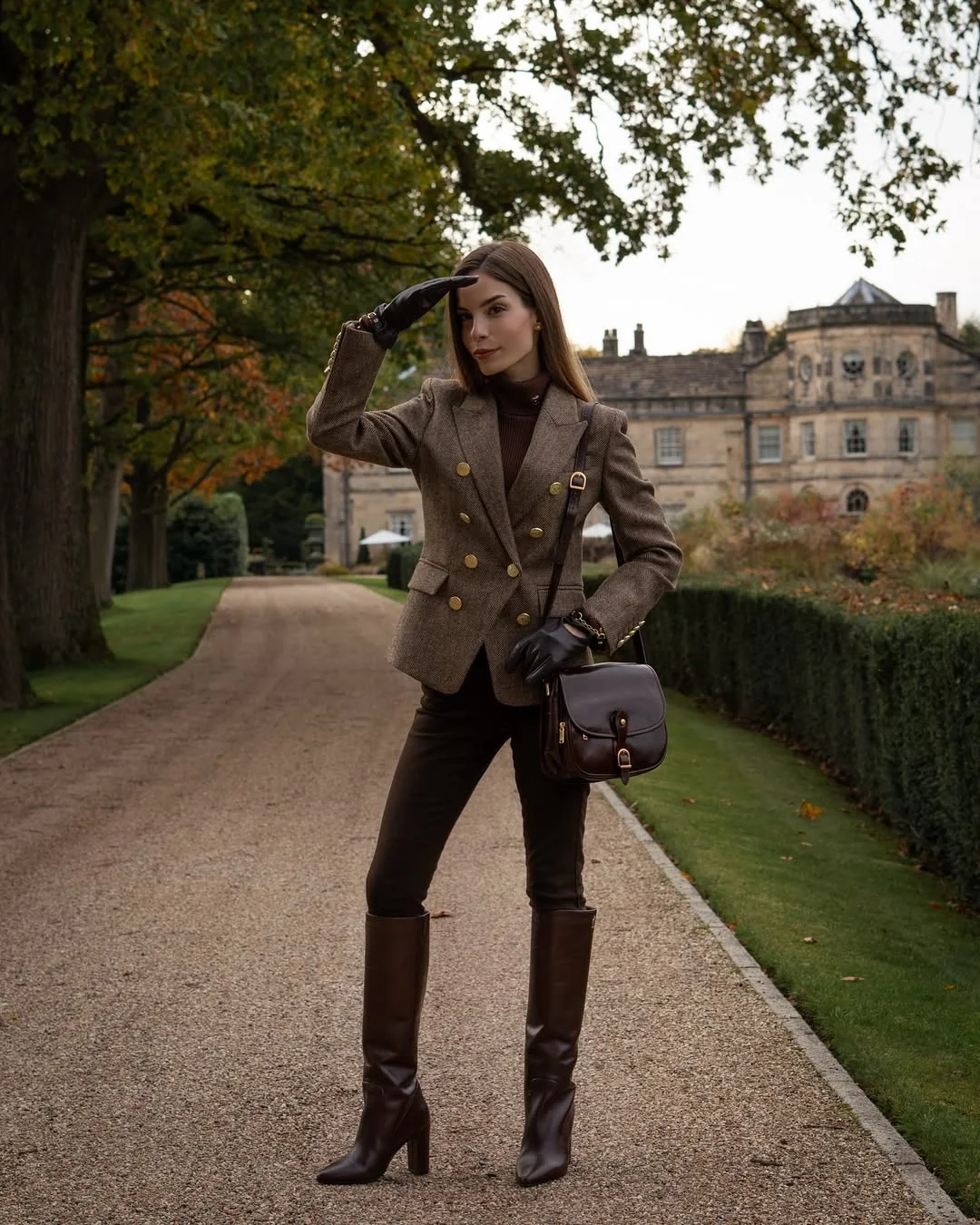 fall outfits for women in 30s style 2026 - Double-Breasted Tweed Blazer and Tall Brown Boots for a Sharp Fall Finish