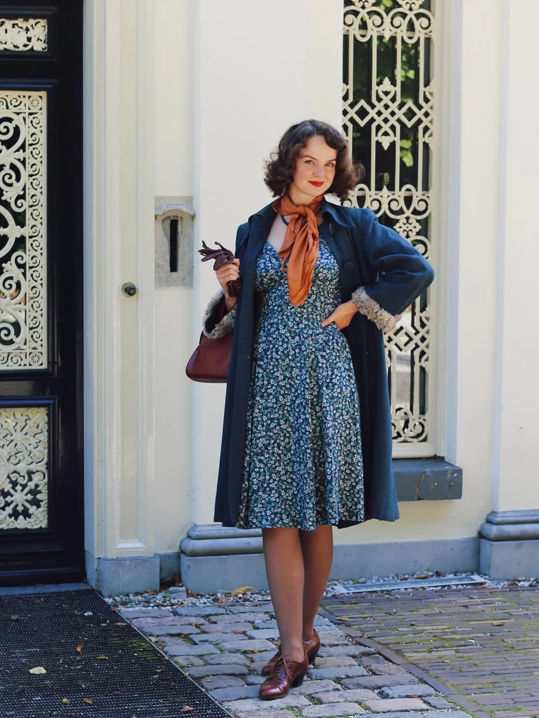 fall outfits for women in 30s style 2026 - Floral Dress and a Navy Coat for an Easy Feminine Day Look