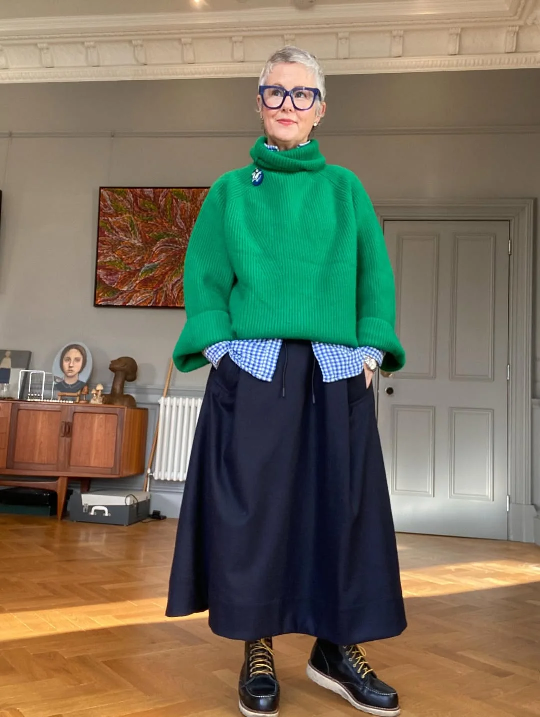 fall outfits for women in 30s style 2026 - Bright Green Knitwear with a Navy Midi Skirt