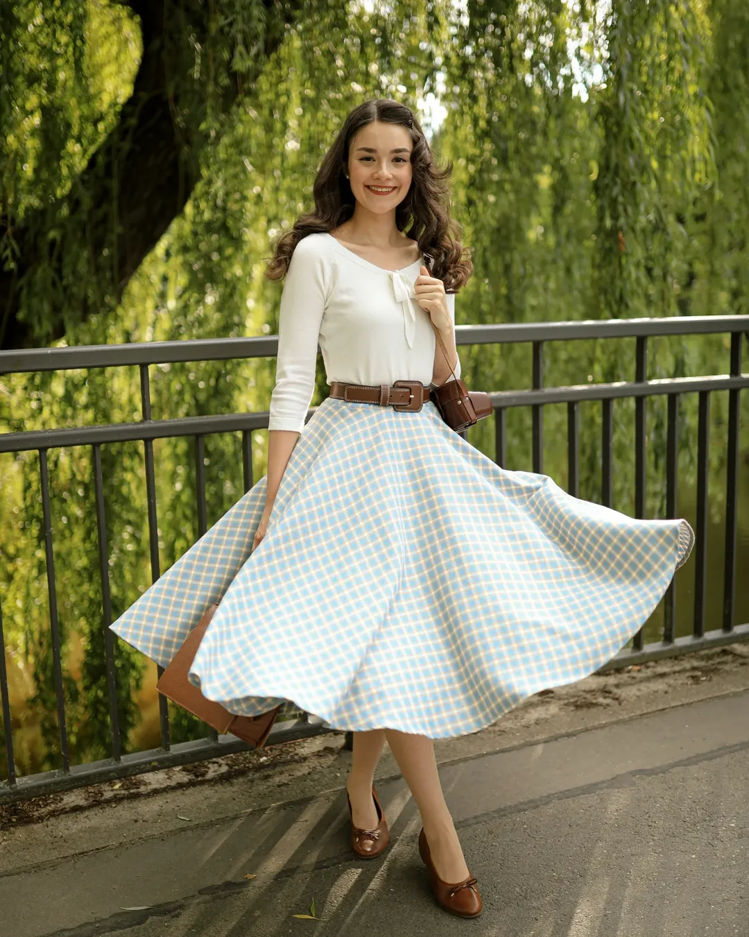 fall outfits for women in 30s style 2026 - Blue Plaid Midi Skirt and Cream Knit for a Soft Fall Transition