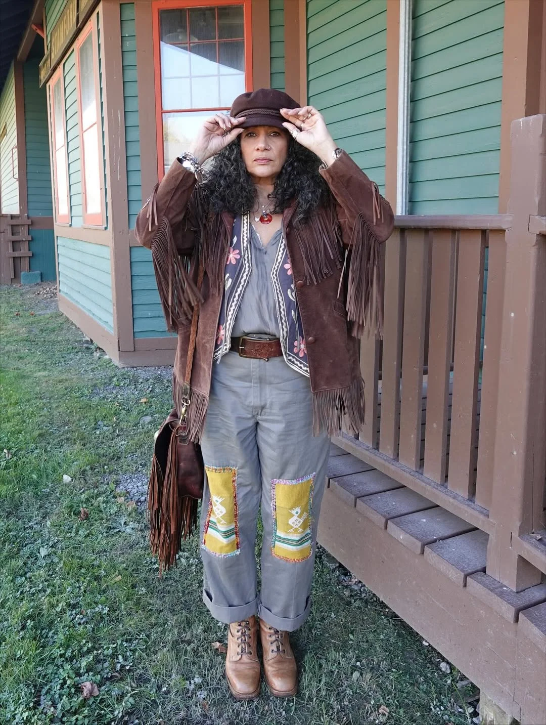 fall outfits for women in 30s style 2026 - Fringe Suede Jacket and Patchwork Pants for an Artistic Fall Look