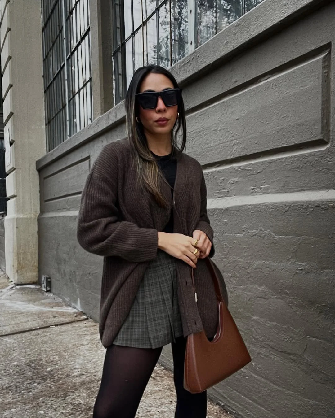 Early summer outfits 2026 Chocolate Cardigan With A Plaid Mini Skirt