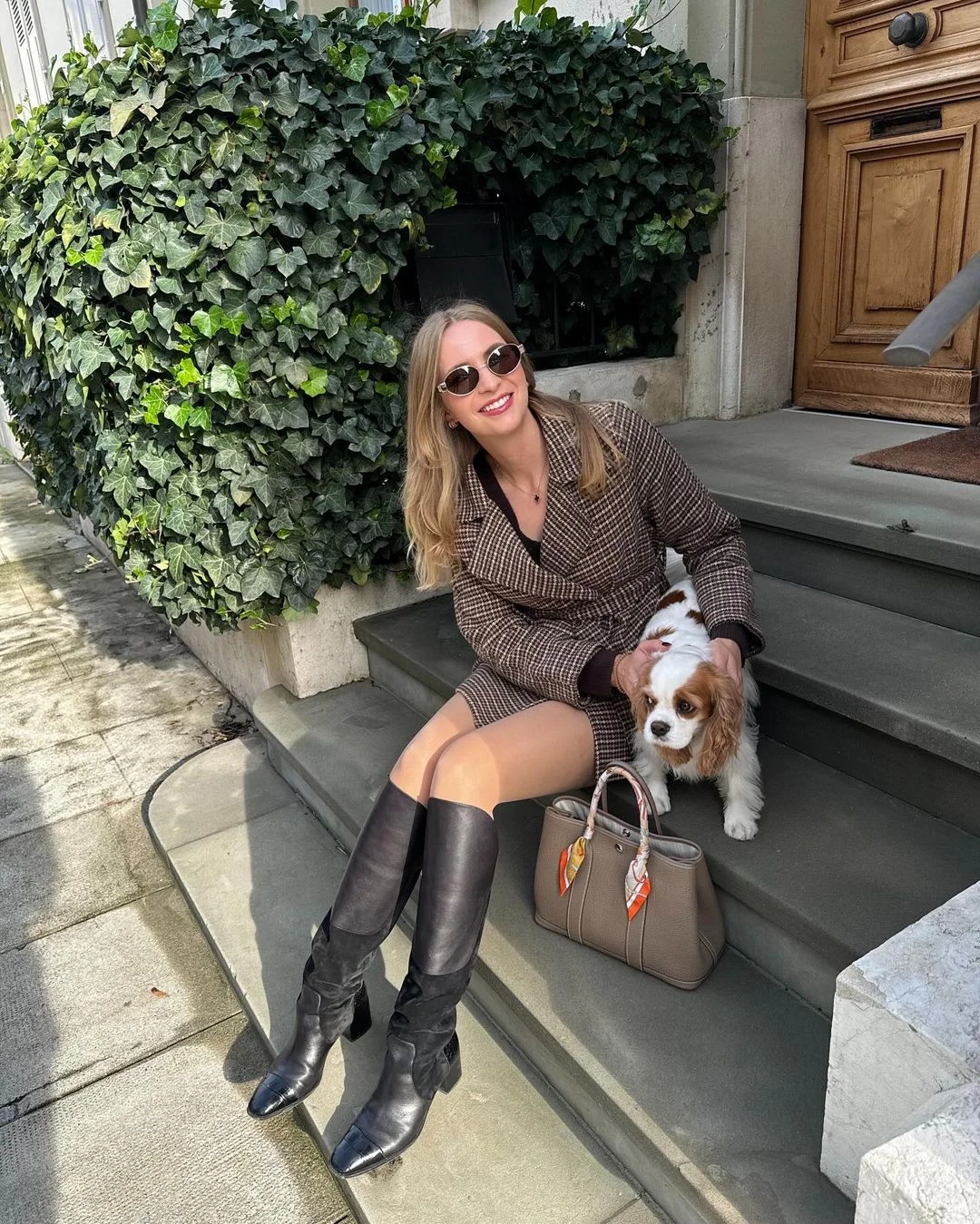 Early summer outfits 2026 Checked Coat Dress With Tall Black Boots