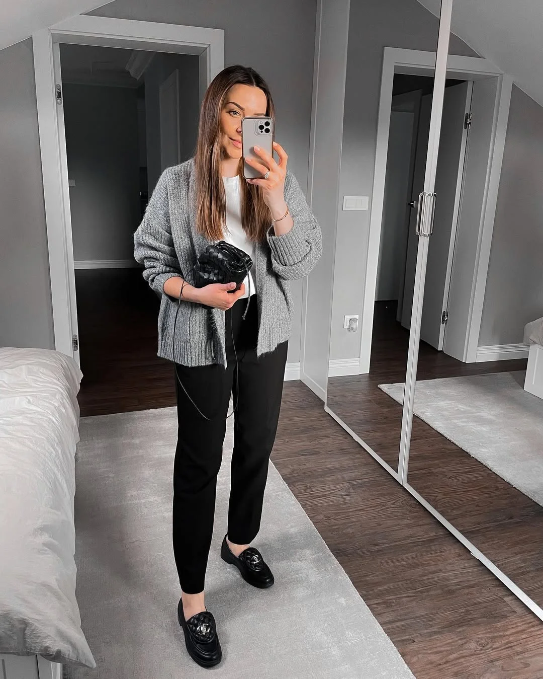 Early summer outfits 2026 Gray Cardigan, Black Trousers, And Loafer Ease