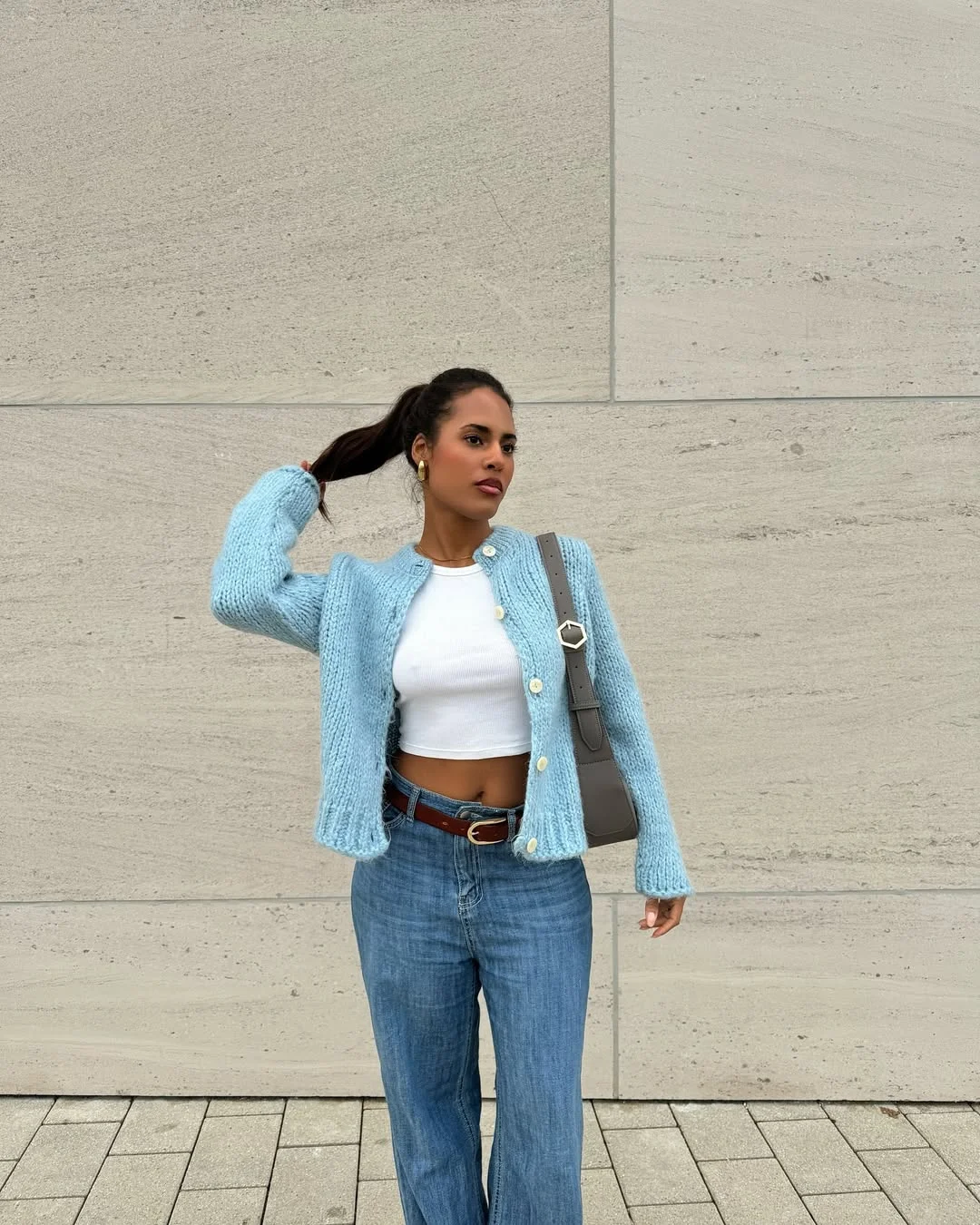 Early summer outfits 2026 Powder-Blue Cardigan With Straight Denim