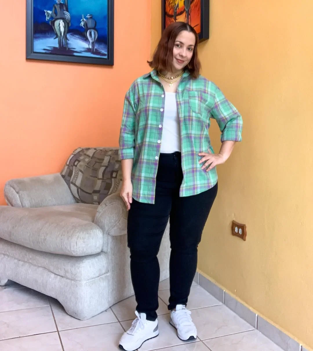Early summer outfits 2026 Green Plaid Shirt With Black Denim And White Sneakers