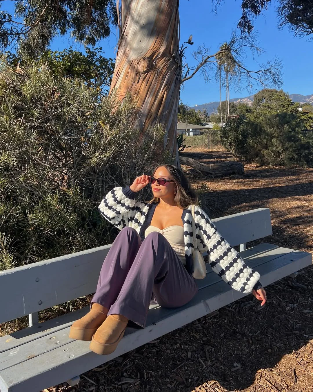 Fall outfits ideas 2026 Chunky Cardigan and Soft Flares for a Sunny Fall Mood