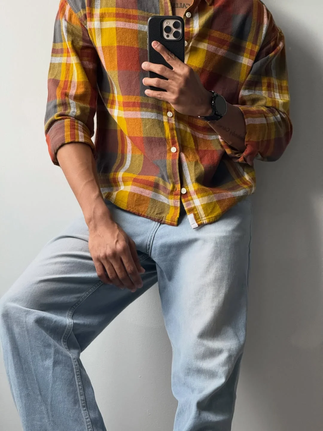 Fall outfits ideas for men 2026 Golden Plaid Shirt With Light Denim