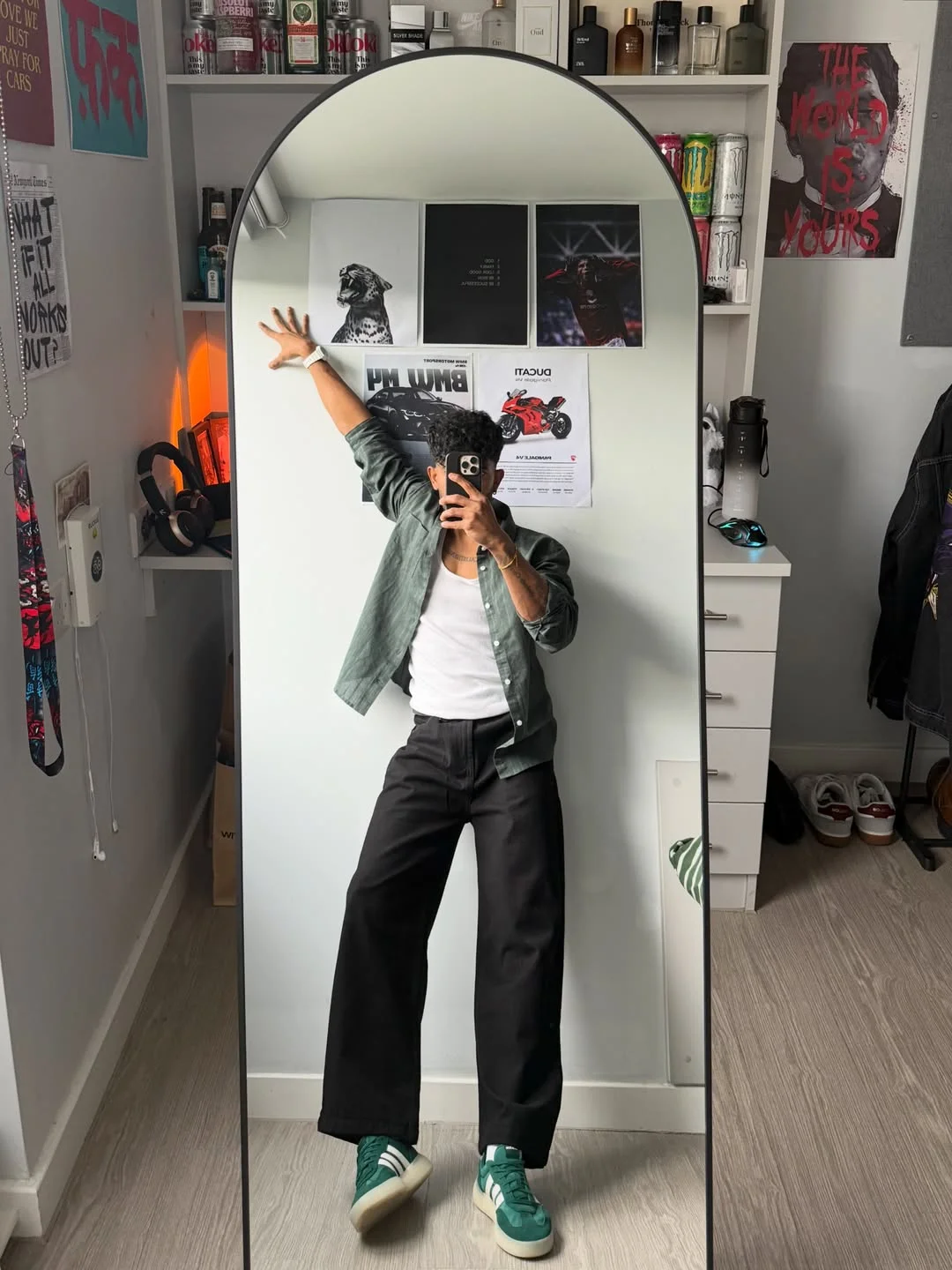 Fall outfits ideas for men 2026 Green Overshirt and Wide-Leg Denim Energy