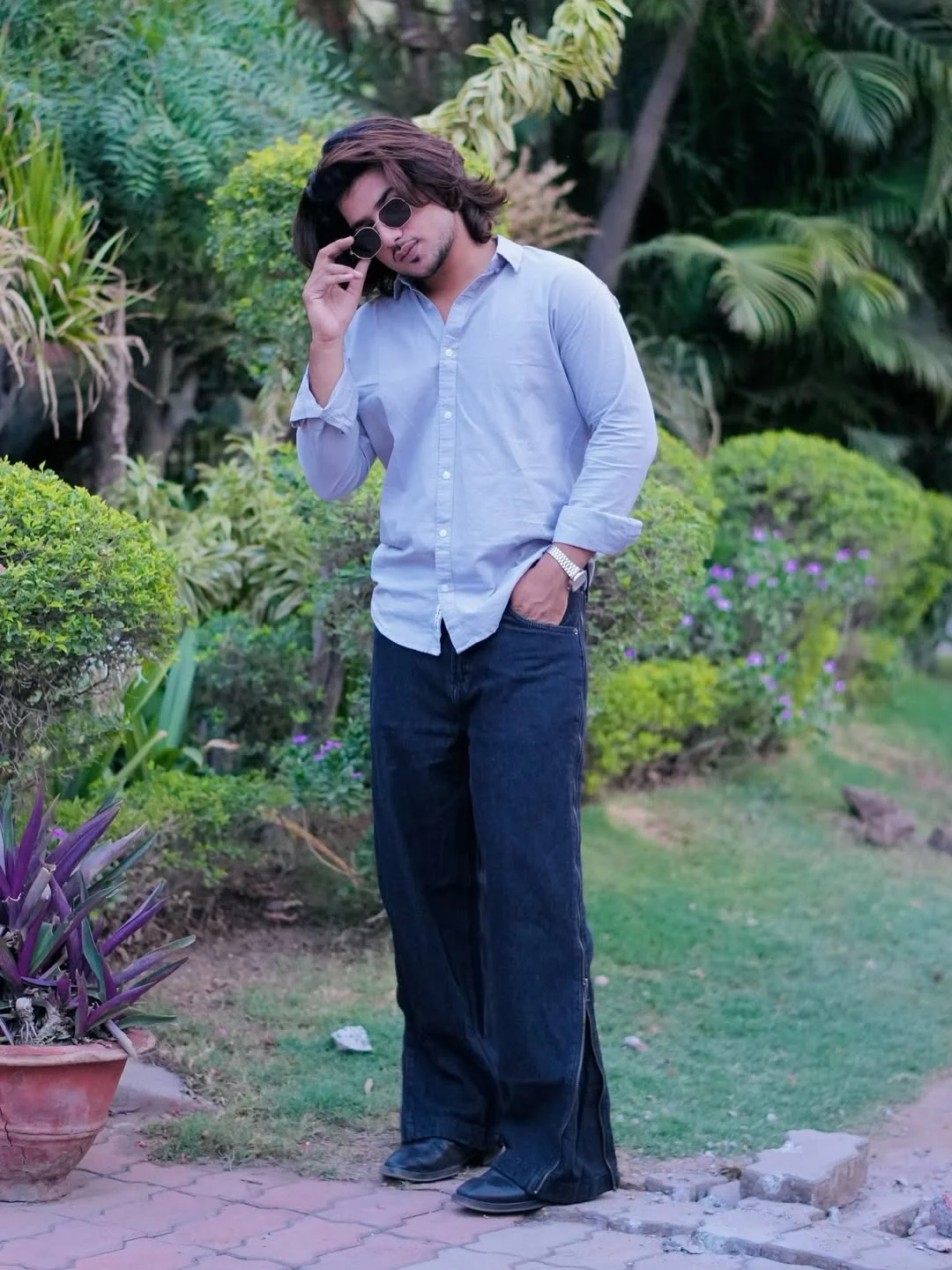 Fall outfits ideas for men 2026 Soft Blue Shirt With Dark Wide-Leg Denim