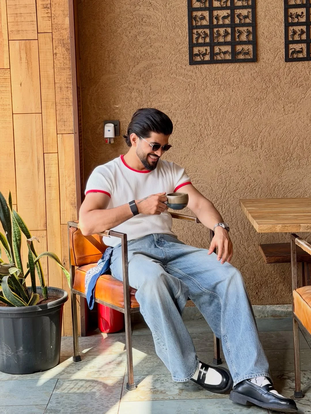 Fall outfits ideas for men 2026 Coffee-Date Ringer Tee With Loose Denim