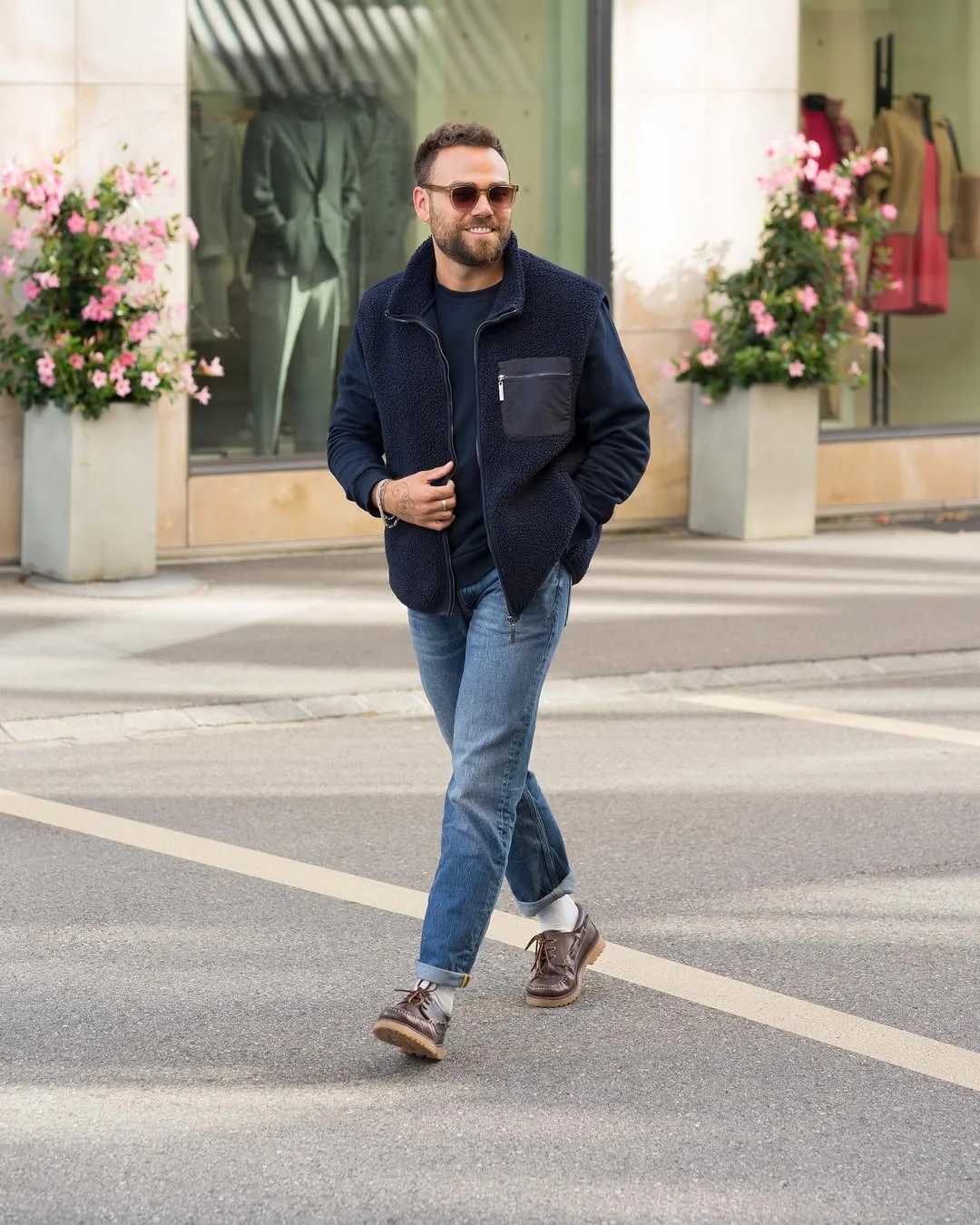 Fall outfits ideas for men 2026 Navy Fleece Vest and City-Walk Denim