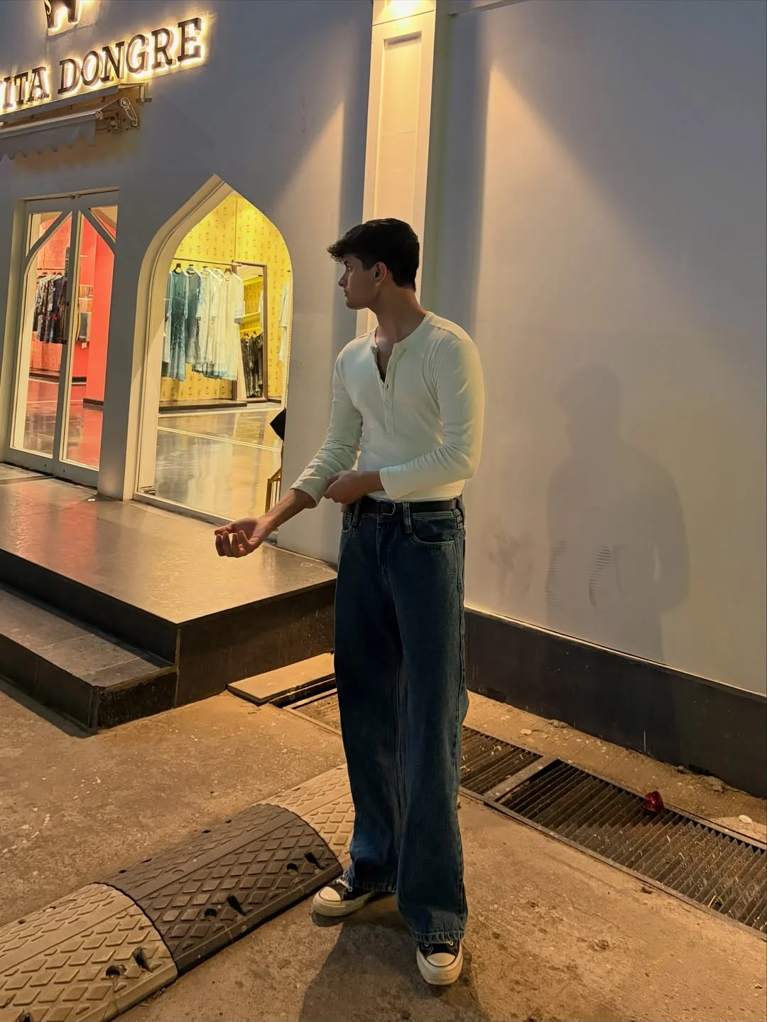 Fall outfits ideas for men 2026 White Henley and Wide Denim After Dark