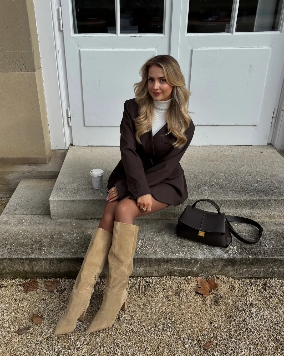 fall outfits with boots 2026 Chocolate Blazer Mini With Cream Knit And Suede Boots