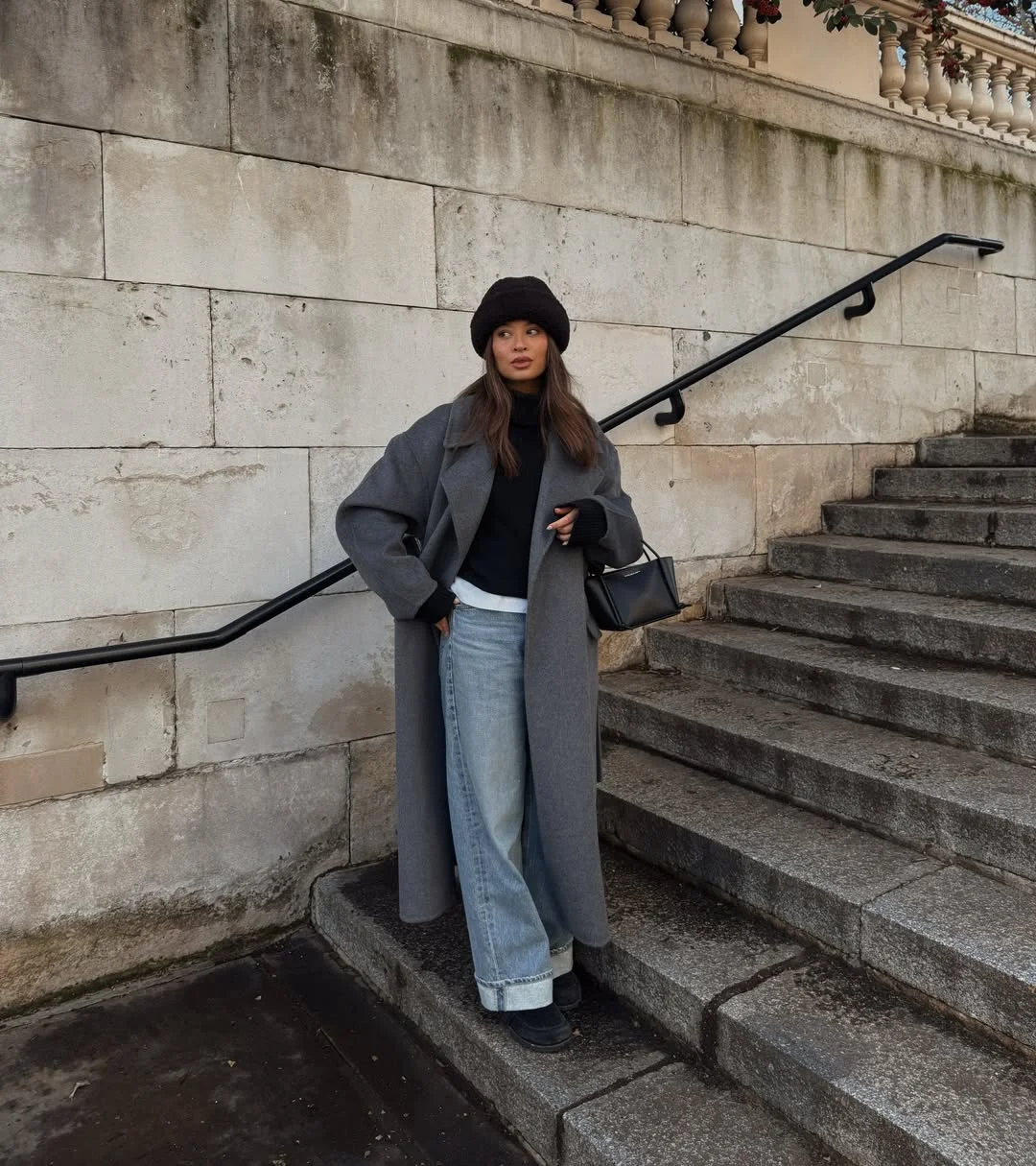fall outfits with boots 2026 Grey Coat, Cuffed Jeans And Soft Black Platform Boots