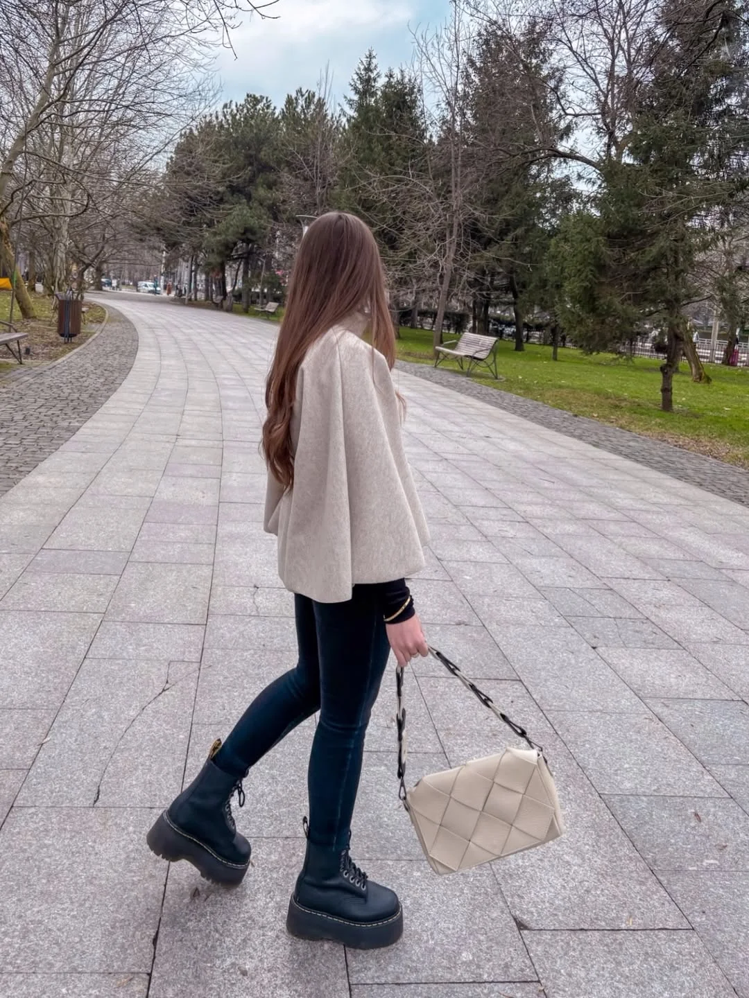 fall outfits with boots 2026 Cream Cape Jacket, Black Leggings And Chunky Lace-Up Boots