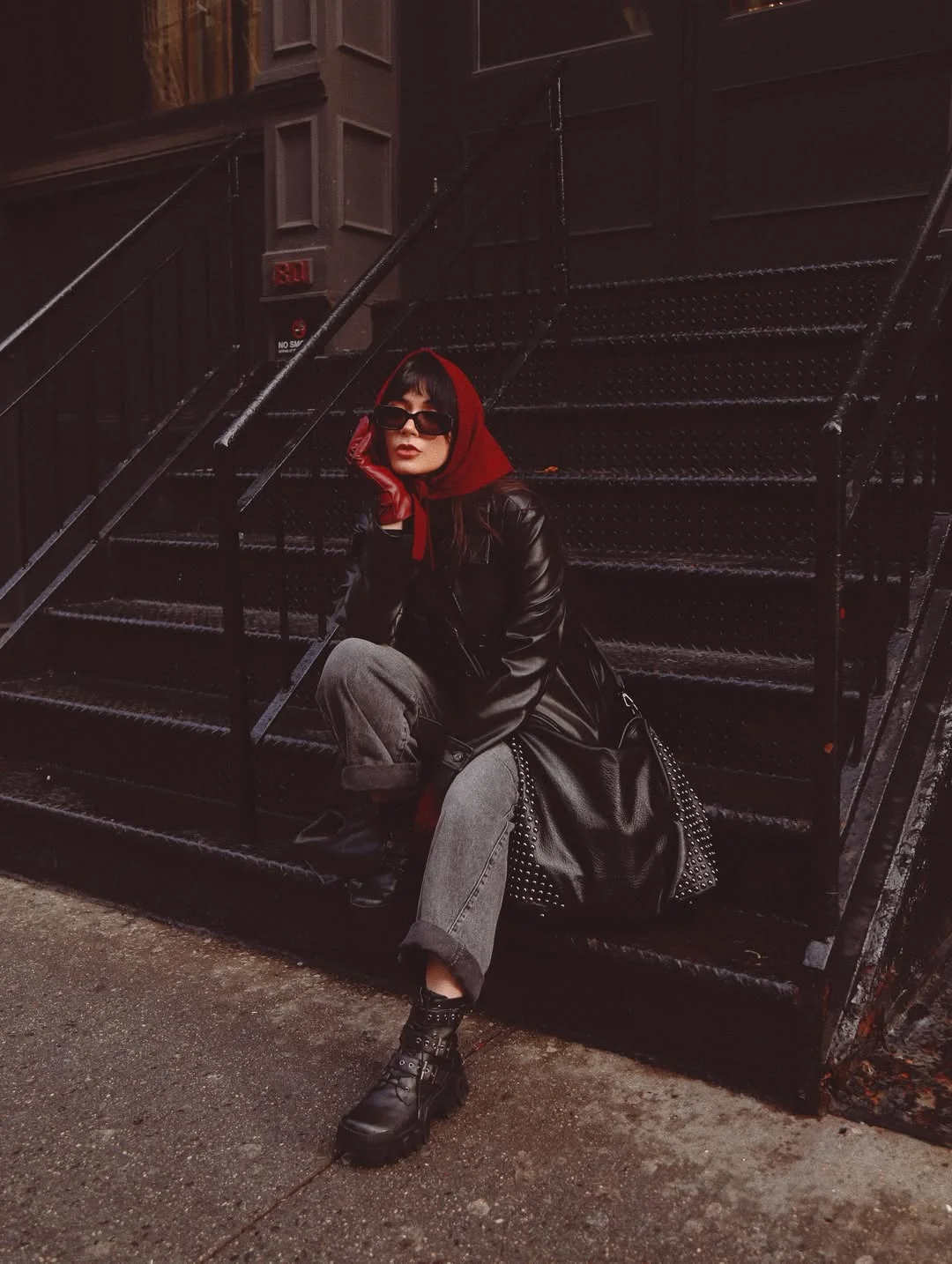 fall outfits with boots 2026 Red Headscarf, Leather Coat And Cuffed Grey Jeans
