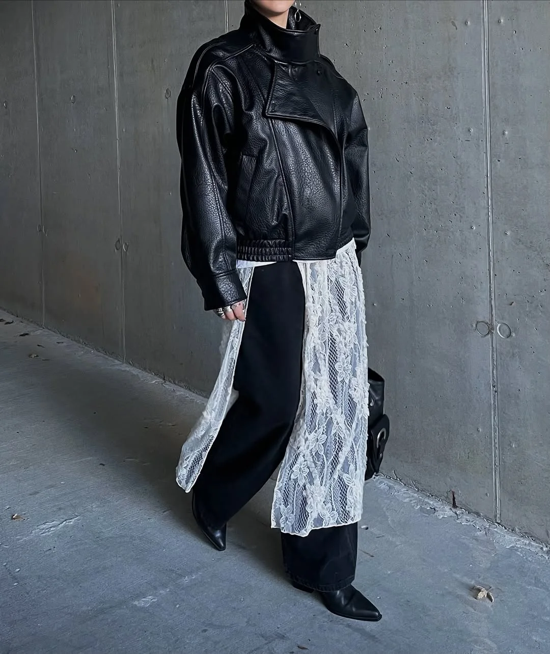 fall outfits with boots 2026 Oversized Leather Jacket, Lace Layer And Wide Black Pants