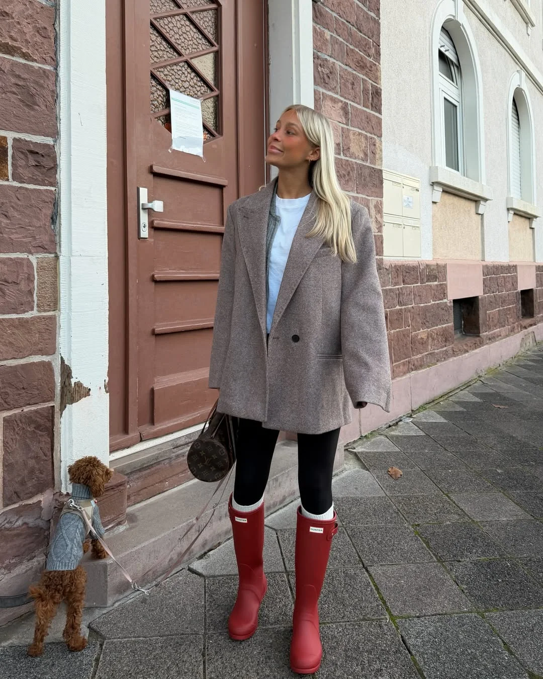 fall outfits with boots 2026 Grey Blazer, Black Leggings And Red Rain Boots