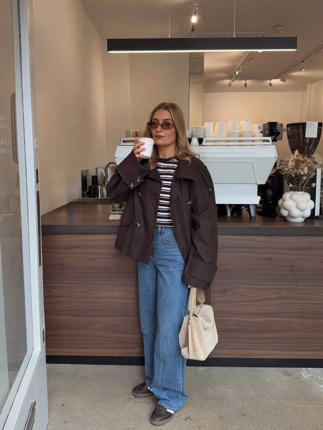 fall outfits with boots 2026 Striped Tee, Cropped Brown Jacket And Easy Blue Jeans