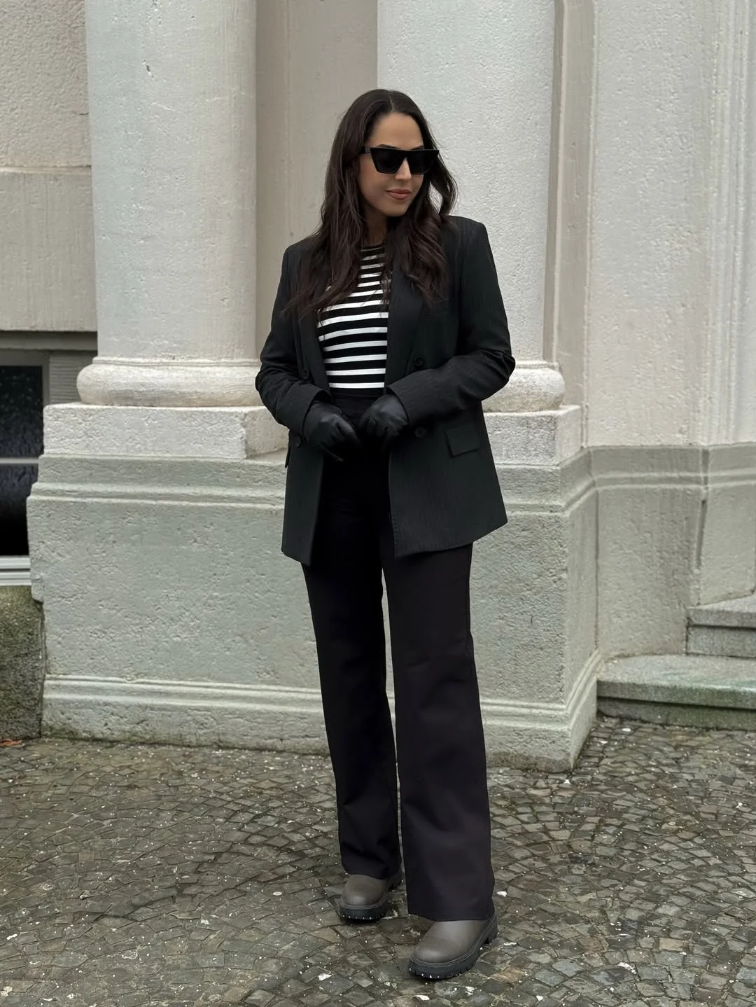 fall outfits with boots 2026 Black Blazer, Striped Knit And Wide Pants With Chunky Boots